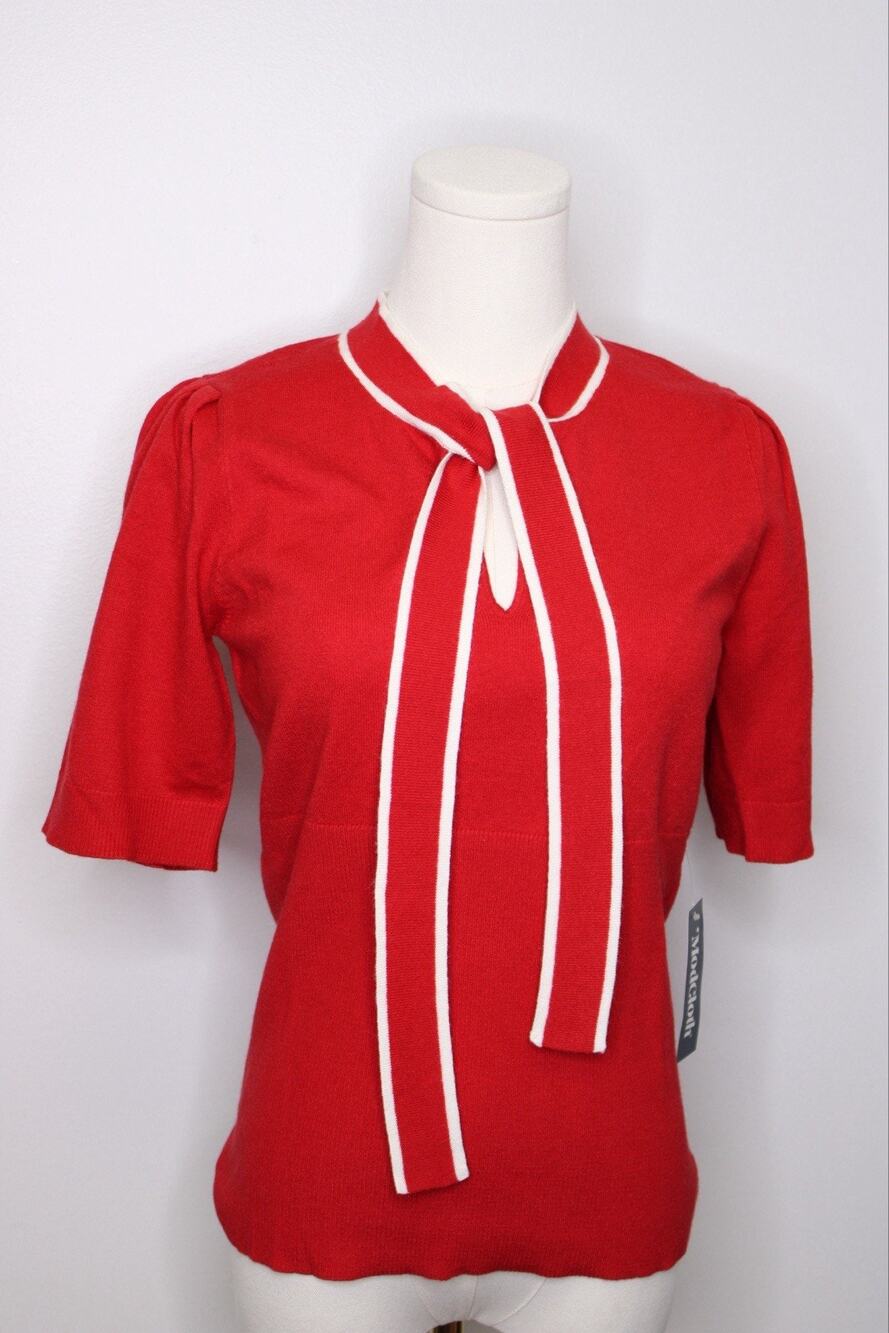 NWT ModCloth 'Bow' Thyself Tie-Neck Knit Top In Red Size Large MSRP $88